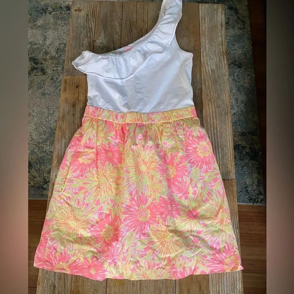 Lilly Pulitzer Mini Dress Size Small One Shoulder Ruffle Floral Pink Orange